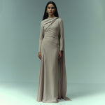 Load image into Gallery viewer, Long sleeve Crepe gown with draped cape and gathered bodice
