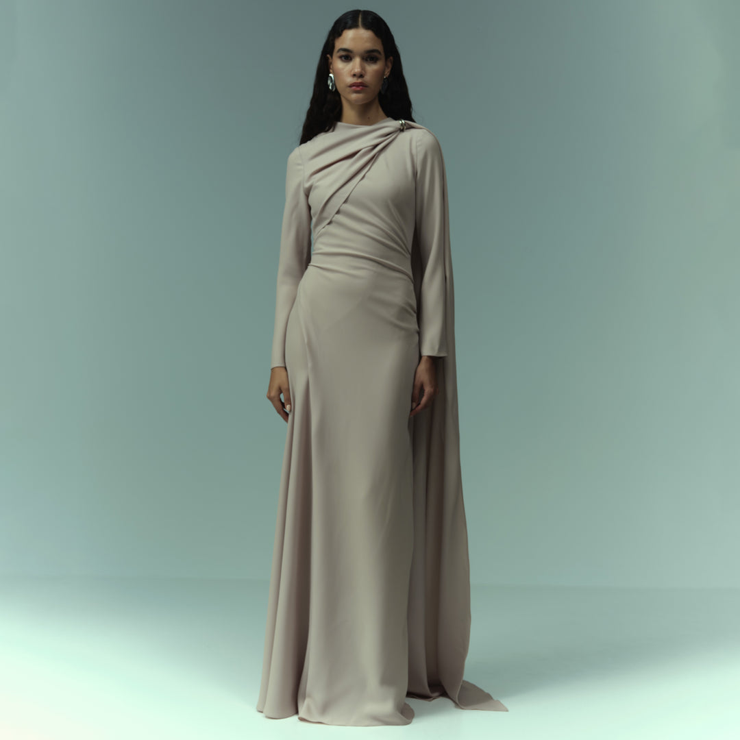 Long sleeve Crepe gown with draped cape and gathered bodice