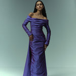 Load image into Gallery viewer, Off shoulder - long sleeve ruched Taffeta gown with detachable train
