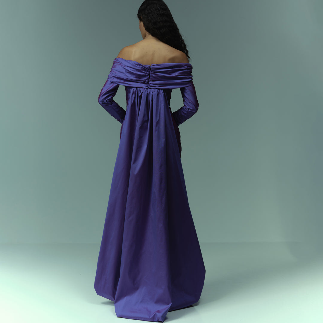 Off shoulder - long sleeve ruched Taffeta gown with detachable train