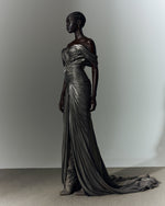 Load image into Gallery viewer, Off shoulder draped Satin- like gown with slit
