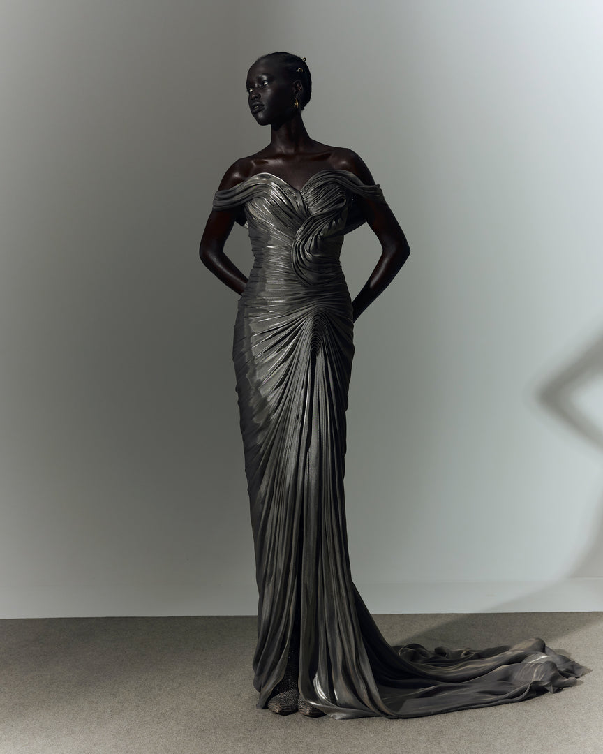 marmar halim off the shoulder dresses OFF-SHOULDER DRAPED SILKY Chiffon GOWN WITH SIDE TAIL Black / 34 / Chiffon Changert