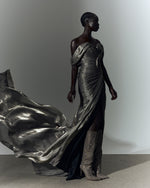 Load image into Gallery viewer, Off shoulder draped Satin- like gown with slit
