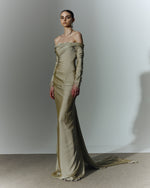 Load image into Gallery viewer, Off shoulder long sleeve draped two-tone chiffon gown
