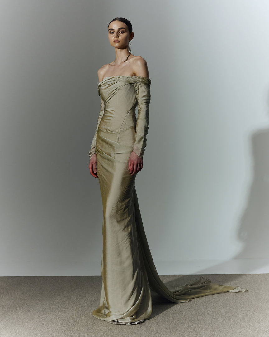 Off shoulder long sleeve draped two-tone chiffon gown