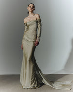 Load image into Gallery viewer, Off shoulder long sleeve draped two-tone chiffon gown
