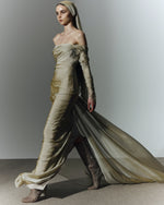 Load image into Gallery viewer, Off shoulder long sleeve draped two-tone chiffon gown
