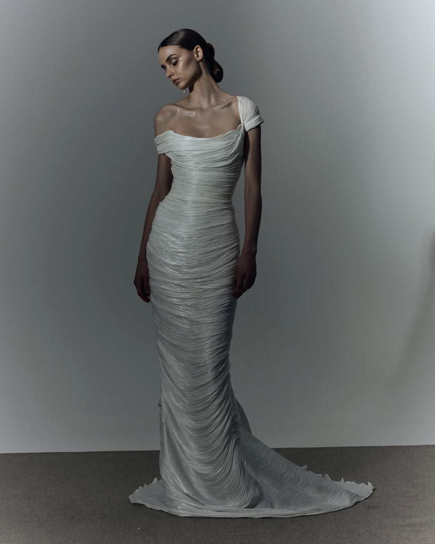 marmar halim off the shoulder dresses Off shoulder draped Satin- like gown with slit Grey_Gold / 42