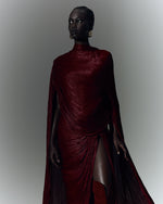 Load image into Gallery viewer, Strapless hand-pleated Satin-like draped dress with slit and cape
