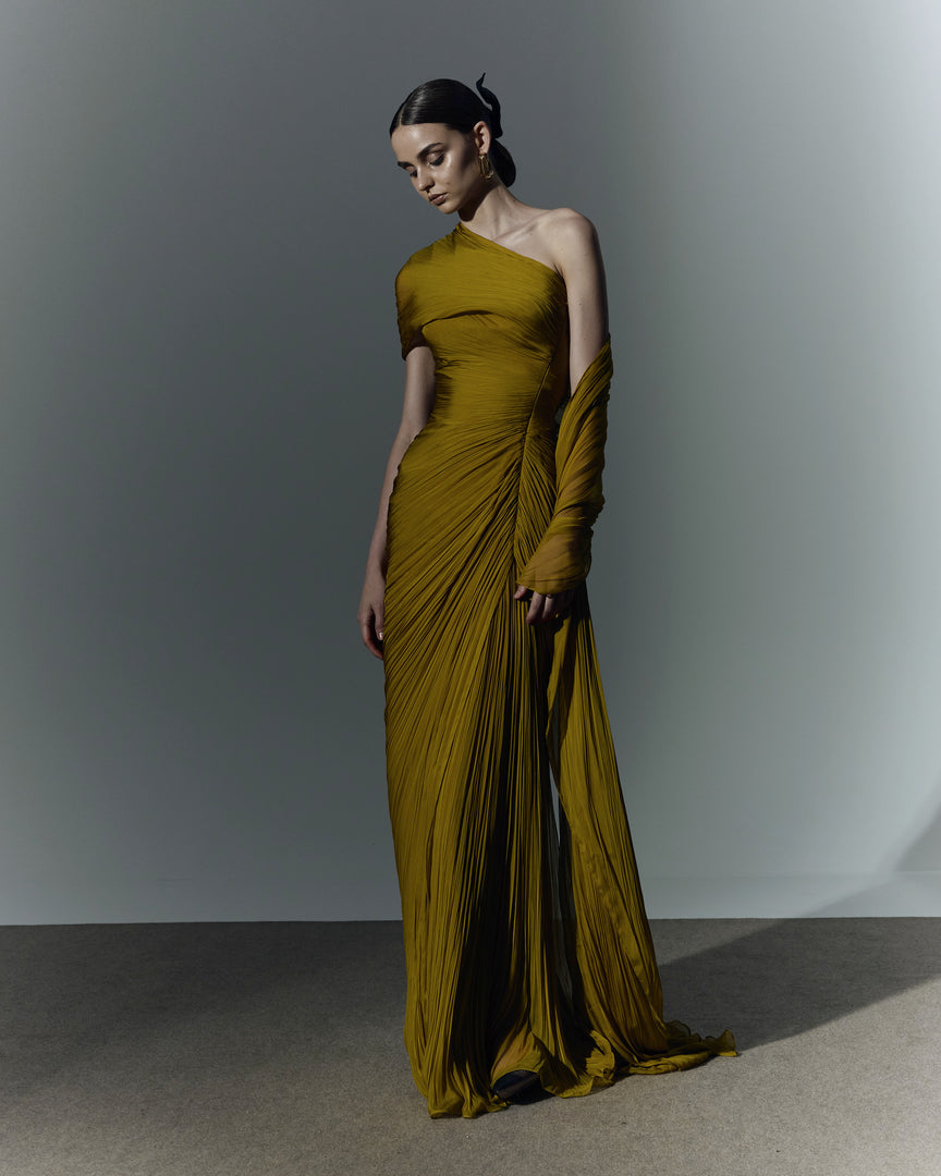 Hand-pleated two tone draped chiffon gown with cape MARMAR HALIM FASHION DESIGN LLC Hand-pleated two tone draped chiffon gown with cape MARMAR HALIM FASHION DESIGN LLC