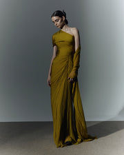 Hand-pleated two tone draped chiffon gown with cape