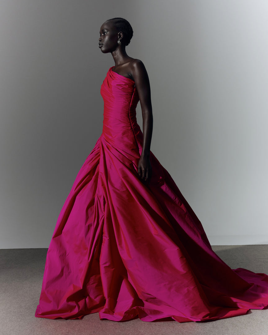 One shoulder draped tafeta gown with slit MARMAR HALIM FASHION DESIGN LLC One shoulder draped tafeta gown with slit MARMAR HALIM FASHION DESIGN LLC