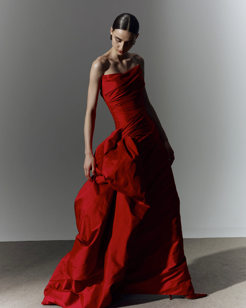 Strapless draped taffeta gown with side tail MARMAR HALIM FASHION DESIGN LLC Strapless draped taffeta gown with side tail MARMAR HALIM FASHION DESIGN LLC