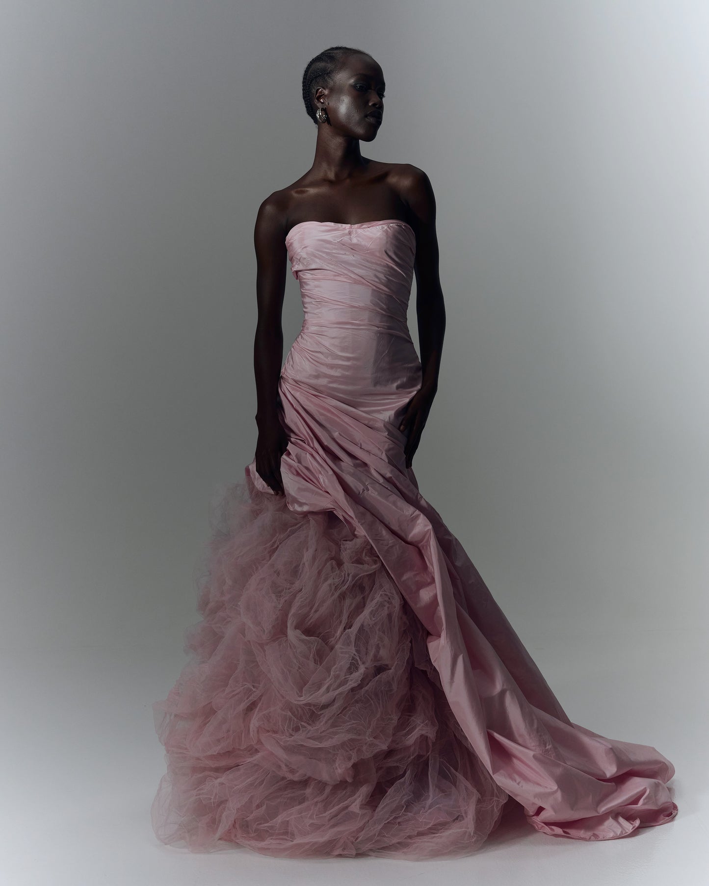 Strapless Italian Tafeta draped gown with hand pleated Tulle underneath