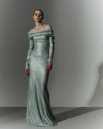 Load image into Gallery viewer, Long sleeve, off shoulder draped sequin gown with soft wires on top
