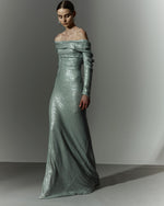 Load image into Gallery viewer, Long sleeve, off shoulder draped sequin gown with soft wires on top
