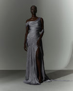 Load image into Gallery viewer, One shoulder hand pleated draped chiffon with slit and cape
