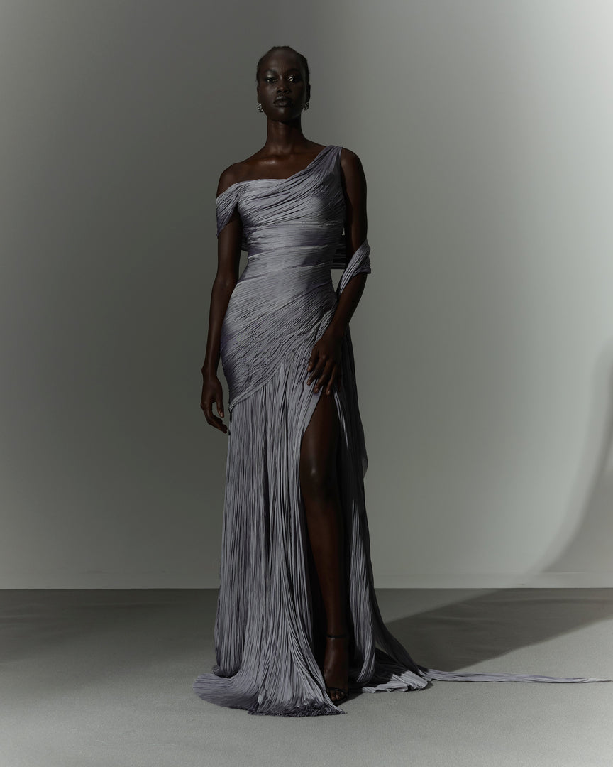 One shoulder hand pleated draped chiffon with slit and cape