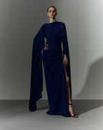 Load image into Gallery viewer, Long sleeve draped Crepe gown with slit
