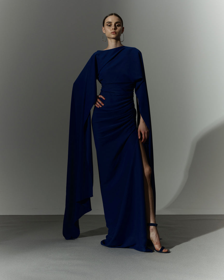 Long sleeve draped Crepe gown with slit