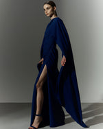 Load image into Gallery viewer, Long sleeve draped Crepe gown with slit
