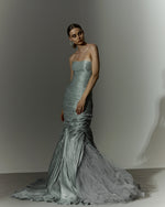 Load image into Gallery viewer, Strapless hand pleated satin - like draped mermaid gown with soft wires on the bottom and tulle underlay
