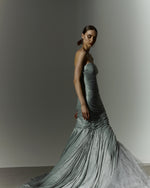 Load image into Gallery viewer, Strapless hand pleated satin - like draped mermaid gown with soft wires on the bottom and tulle underlay
