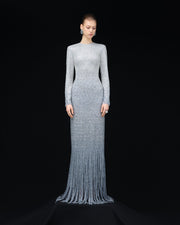 LONG -SLEEVED BEADED STONE GOWN WITH STRIP CUTS DOWN