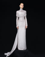 Load image into Gallery viewer, LONG-SLEEVED PLEATED GOWN WITH DETACHABLE CAPE
