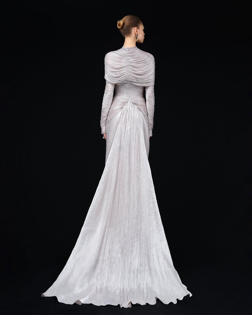 LONG-SLEEVED PLEATED GOWN WITH DETACHABLE CAPE