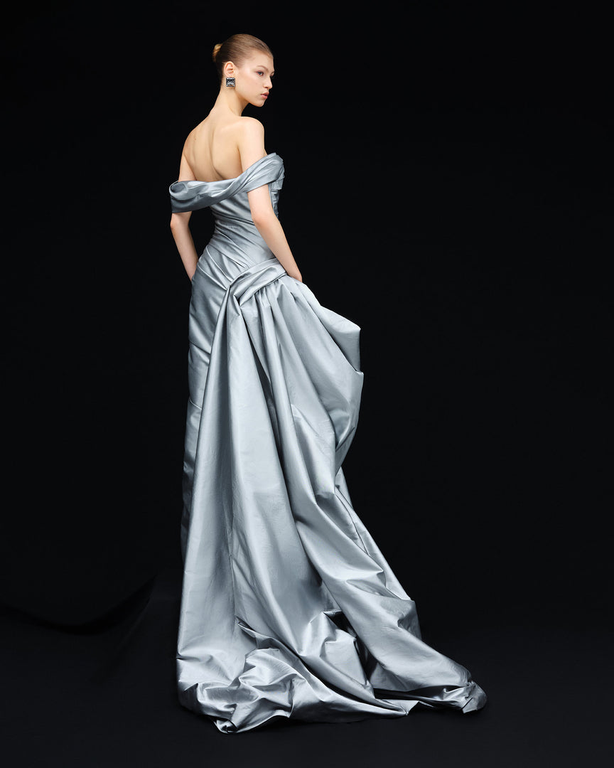 marmar halim off the shoulder dresses RUCHED SILK SATIN OFF SHOULDER GOWN Copper / 46 / Roseya