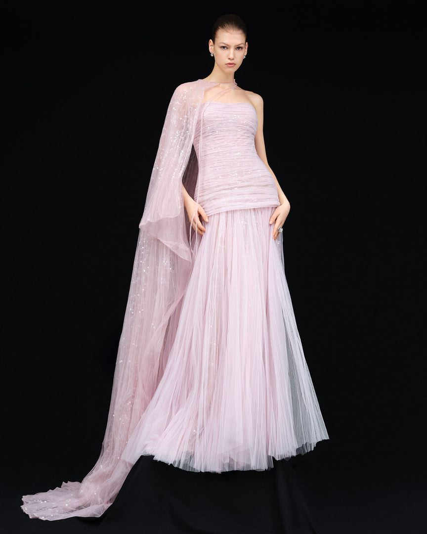 PLEATED TULLE AND SEQUINS STRAPPLESS GOWN