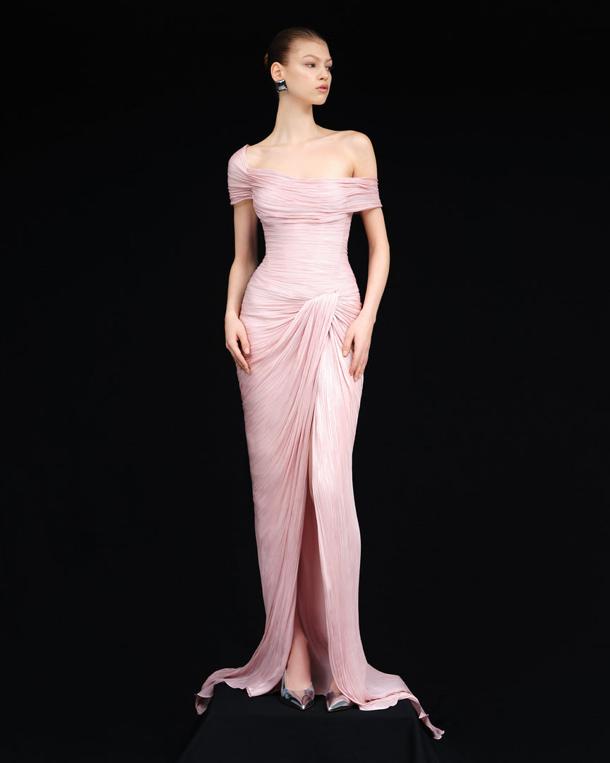 HAND PLEATED SILK WITH TWISTED SLIT GOWN