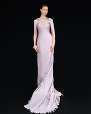RUCHED STRAPLESS SILK GOWN WITH CAPE