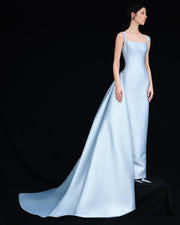 STRAPED SLEEVE MIKADO GOWN WITH DETACHABLE TAIL