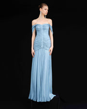 RUCHED SILK SATIN OFF SHOULDER GOWN