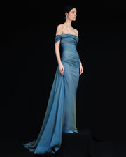 OFF-SHOULDER DRAPED SILKY CHIFFON GOWN WITH SIDE TAIL