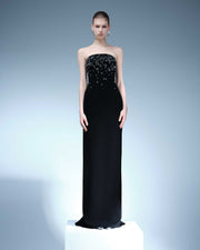 STRAPLESS CREPE GOWN WITH FRONT EMBROIDERY