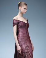 Load image into Gallery viewer, PLEATED OFF-SHOULDER GOWN WITH DETACHABLE CAPE
