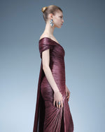 Load image into Gallery viewer, PLEATED OFF-SHOULDER GOWN WITH DETACHABLE CAPE
