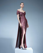 Load image into Gallery viewer, PLEATED OFF-SHOULDER GOWN WITH DETACHABLE CAPE
