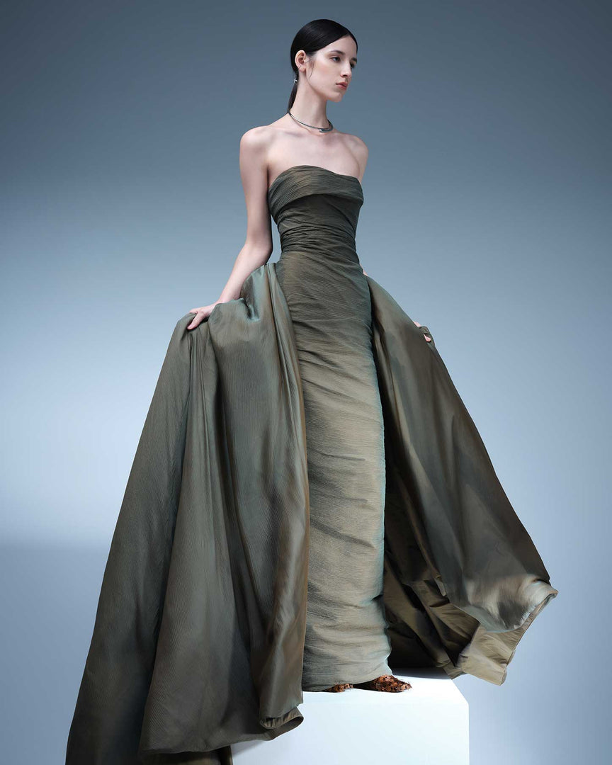 DRAPED SILKY CHIFFON WITH DETACHABLE TAIL
