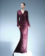 Load image into Gallery viewer, HAND PLEATED LONG SLEEVES SILK GOWN WITH FRONT CAPE
