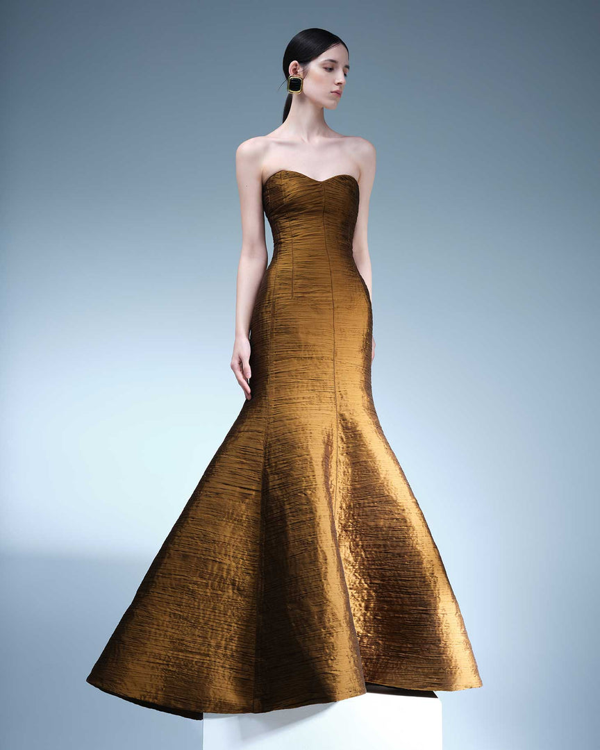 PLEATED FISH TAIL CUT GOWN Dark_Gold / 42 / Taffeta PLEATED FISH TAIL CUT GOWN Dark_Gold / 42 / Taffeta