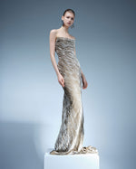 Load image into Gallery viewer, STRAPLESS DRAPED VELVET GOWN WITH BACK TAIL
