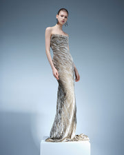 STRAPLESS DRAPED VELVET GOWN WITH BACK TAIL