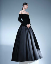 SLEEVED OFF-SHOULDER CREPE AND TAFFETA GOWN