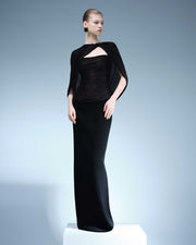 HAND-PLEATED SILK FABRIC AND CREPE SKIRT WITH A DETACHABLE CAPE