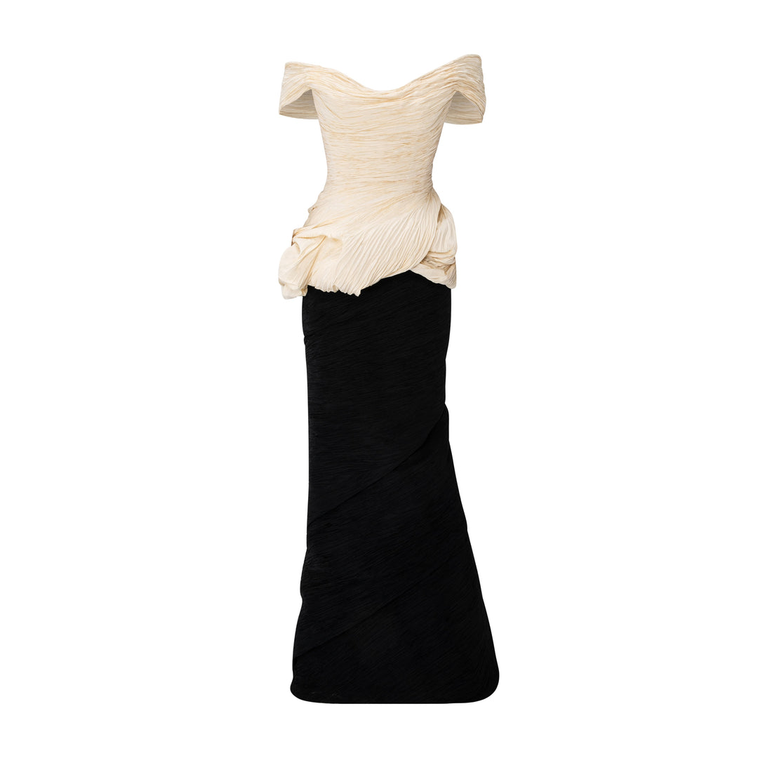Off-Shoulder Pleated Taffeta Fish-Cut Dress
