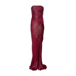 Load image into Gallery viewer, Strapless hand-pleated Satin-like draped dress with slit and cape
